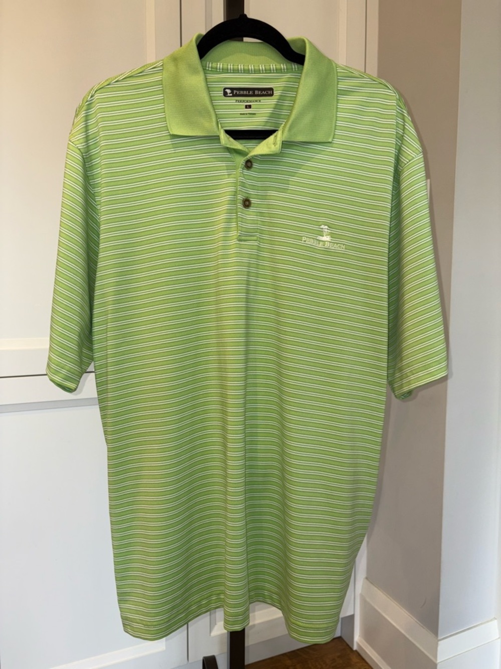 Pebble Beach Lime Green & White Striped Performance Polo Shirt Embroidered Large